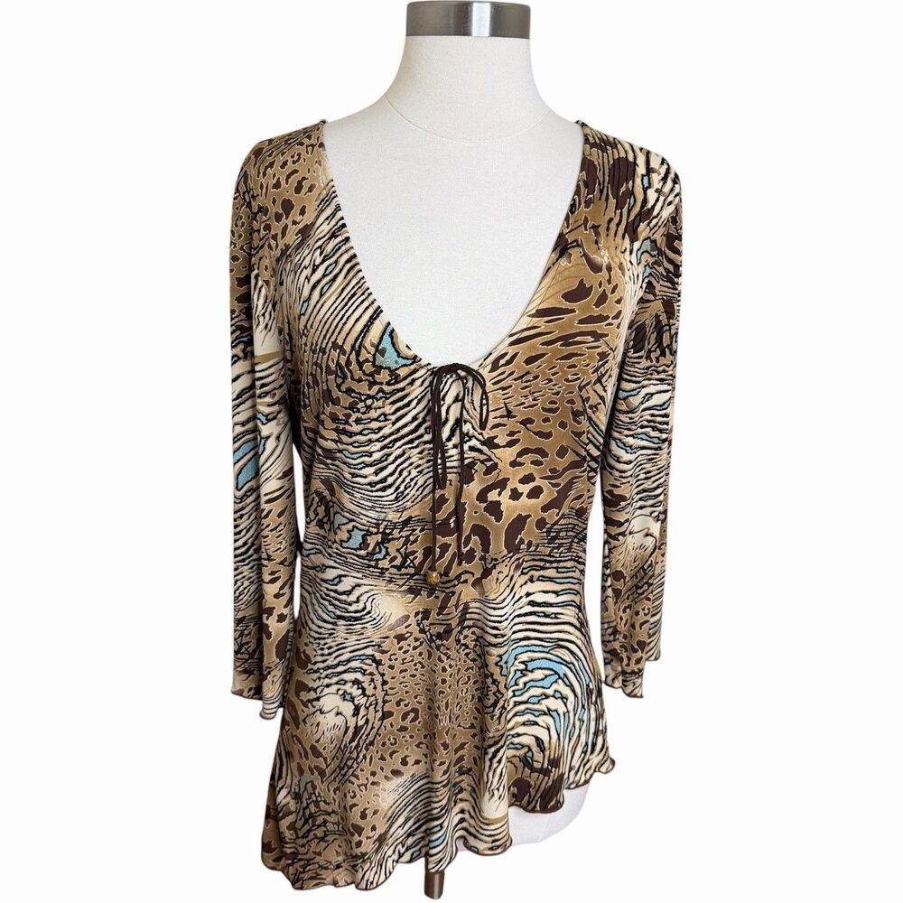 90s Y2K Fairy Core Animal Print Top Tie Front Asymmetric Hem Babydoll Large